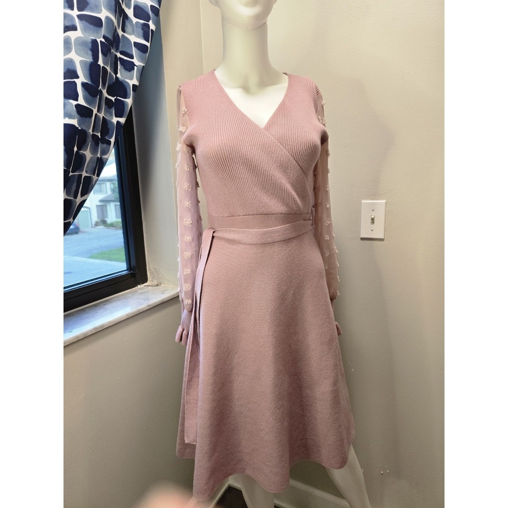 Chicwish Wrap Knit Dress Blush Pink Long Sleeve Dot Mesh Sleeve Fit & Flare M - Picture 8 of 11